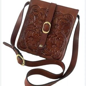 Patricia Nash NEW Venezia British tan magnetic Brown Floral Tooled Crossbody Bag